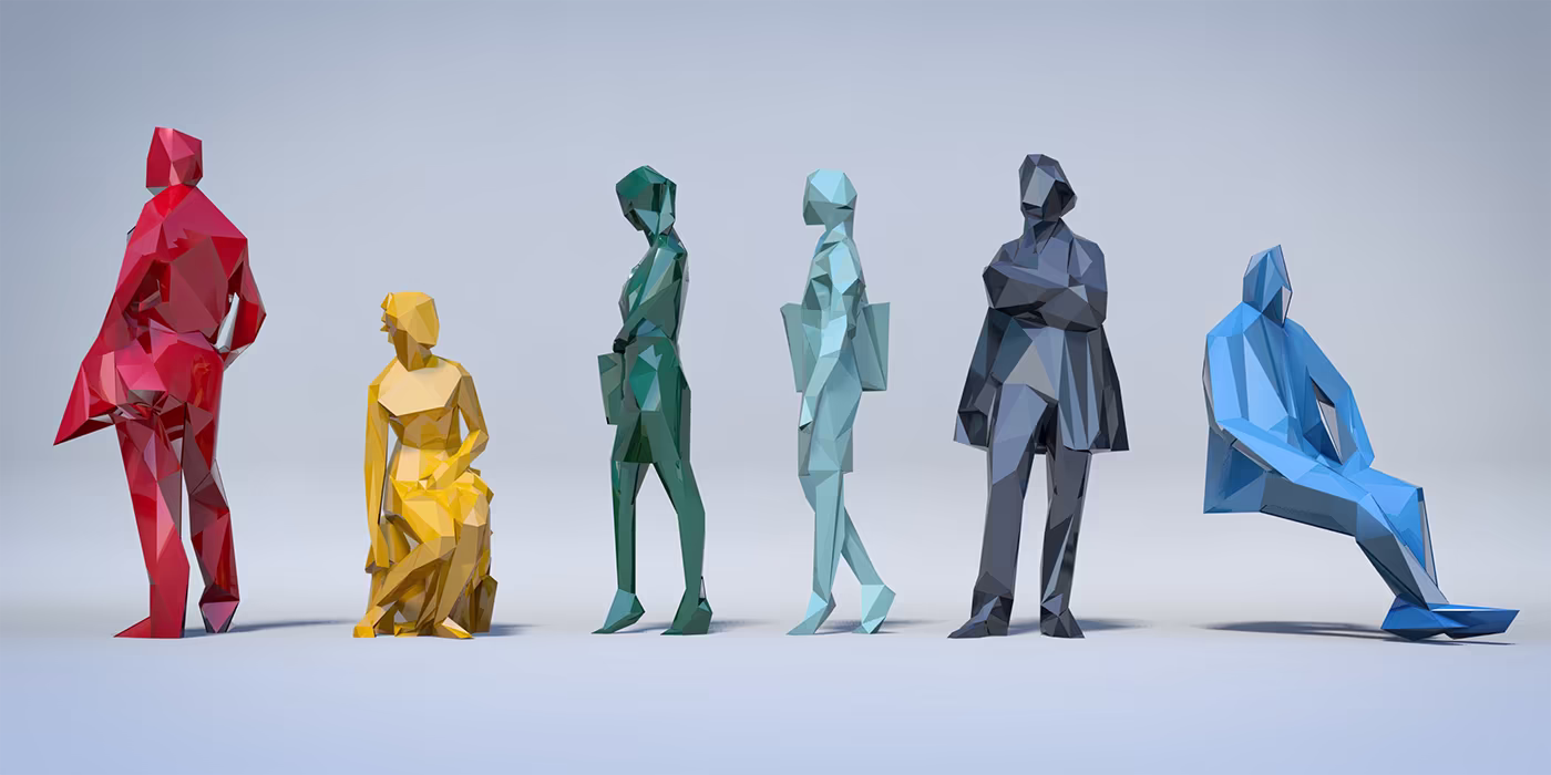 A collection of colorful low-poly human figures arranged in a grid.